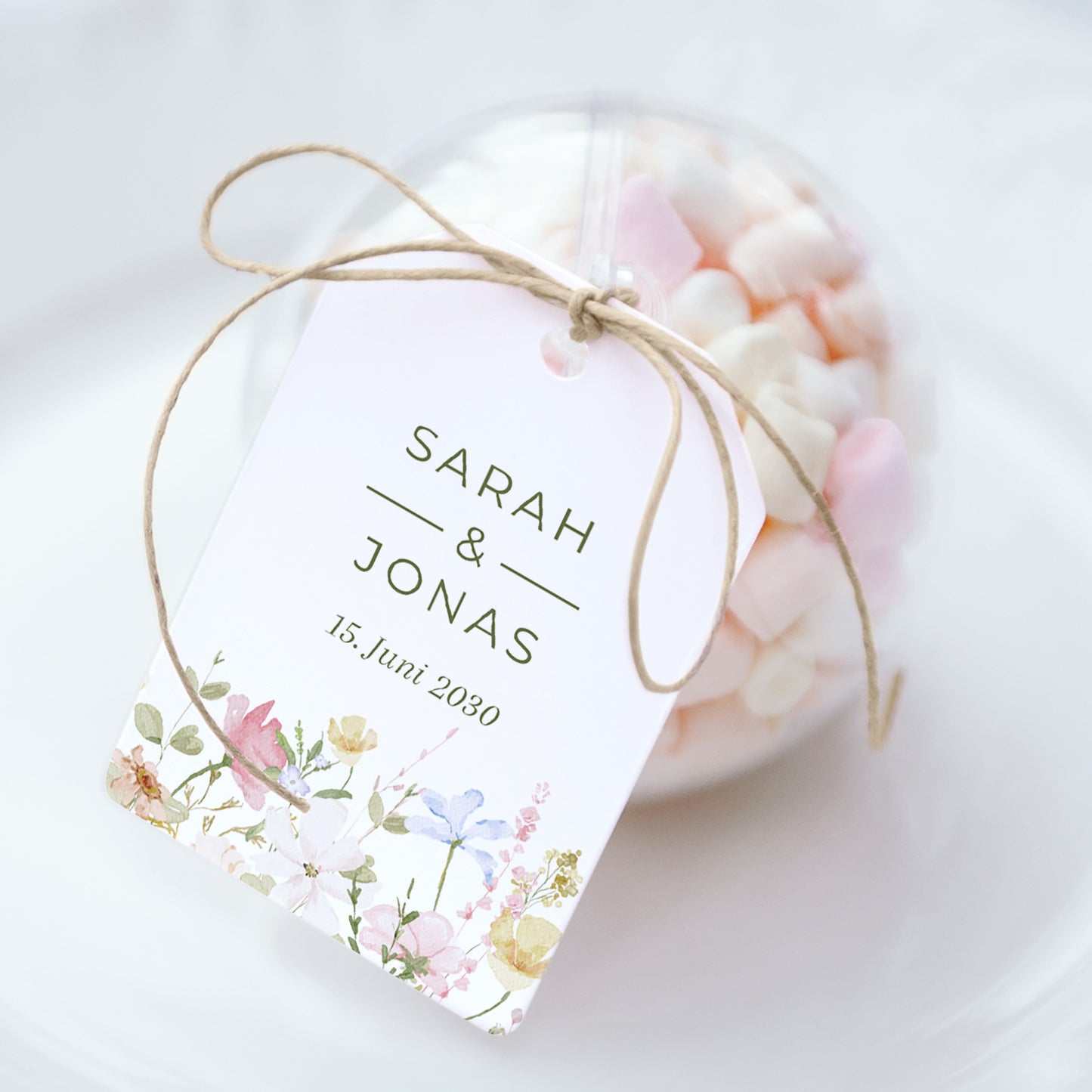 Geschenkbox Hochzeit Ball mit Wimpel-Etikett Wildblumenkranz foto N° 1