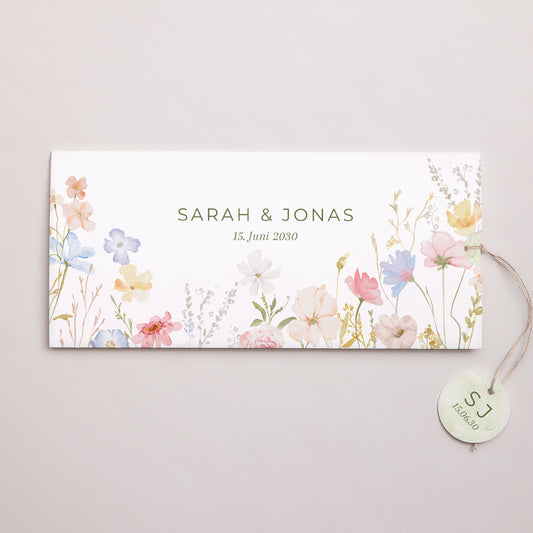 Hochzeitseinladung Mappe 2 Karten, Etikett Wildblumenkranz foto