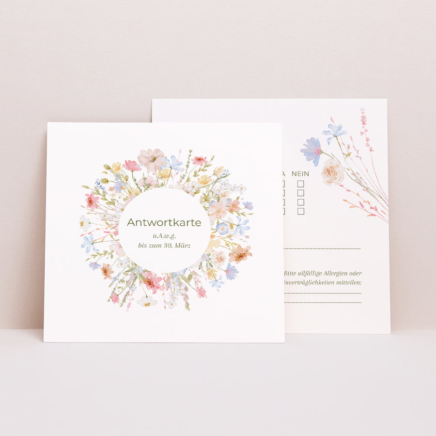 Antwortkarte Hochzeit Quadrat Wildblumenkranz foto