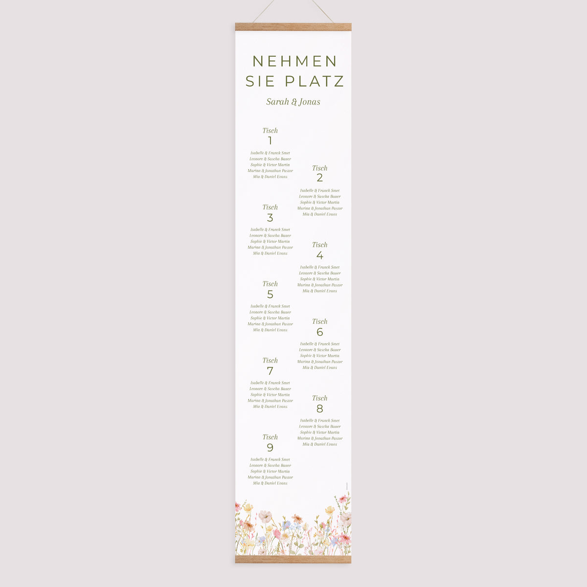 Sitzplan Hochzeit Holzstütze Wildblumenkranz foto N° 1