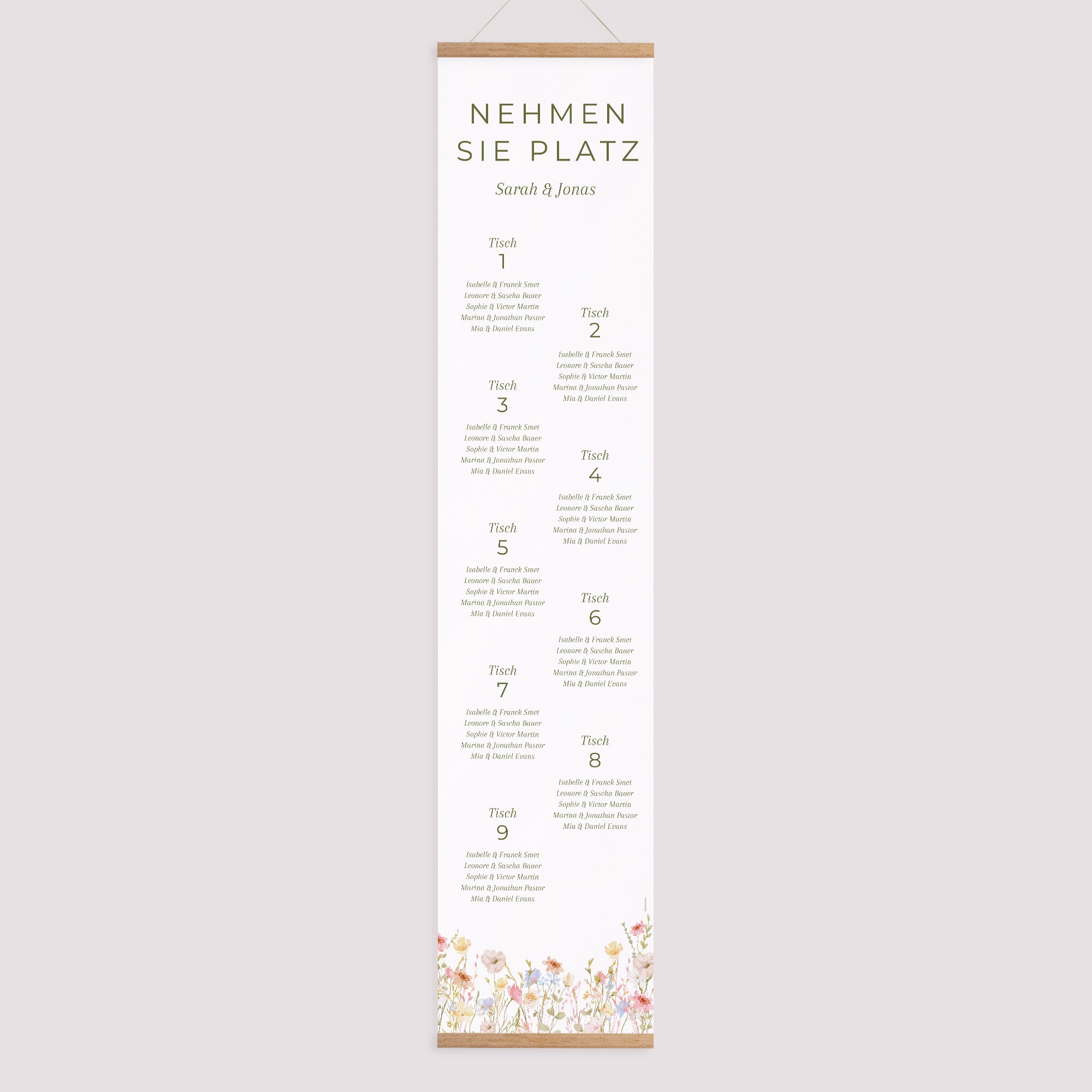 Sitzplan Hochzeit Holzstütze Wildblumenkranz foto N° 1