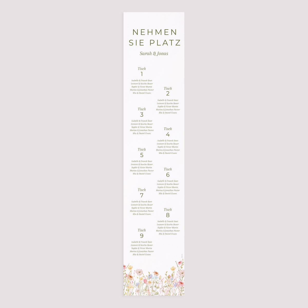 Sitzplan Hochzeit Holzstütze Wildblumenkranz foto N° 3