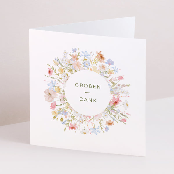 Dankeskarte Hochzeit Doppelflügelfenster Wildblumenkranz foto