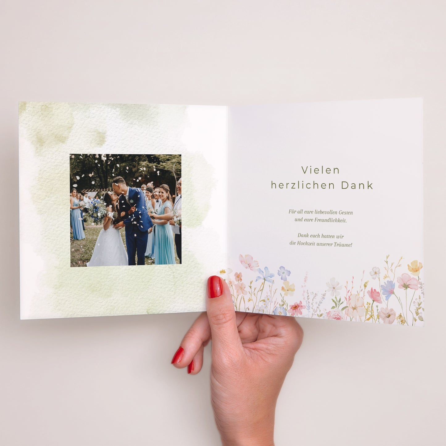 Dankeskarte Hochzeit Doppelflügelfenster Wildblumenkranz foto N° 2