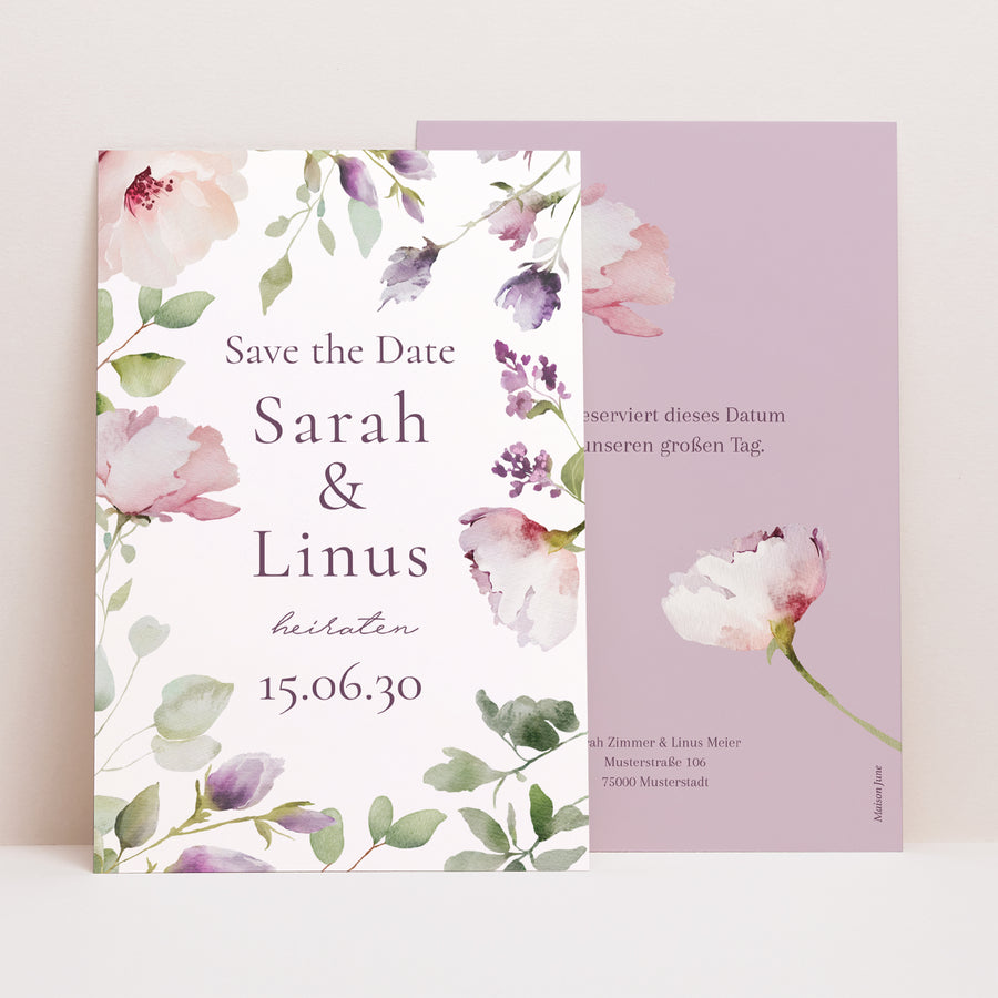 Save the date Karte Hochzeit PortraitPorträt Romantic purple flowers foto