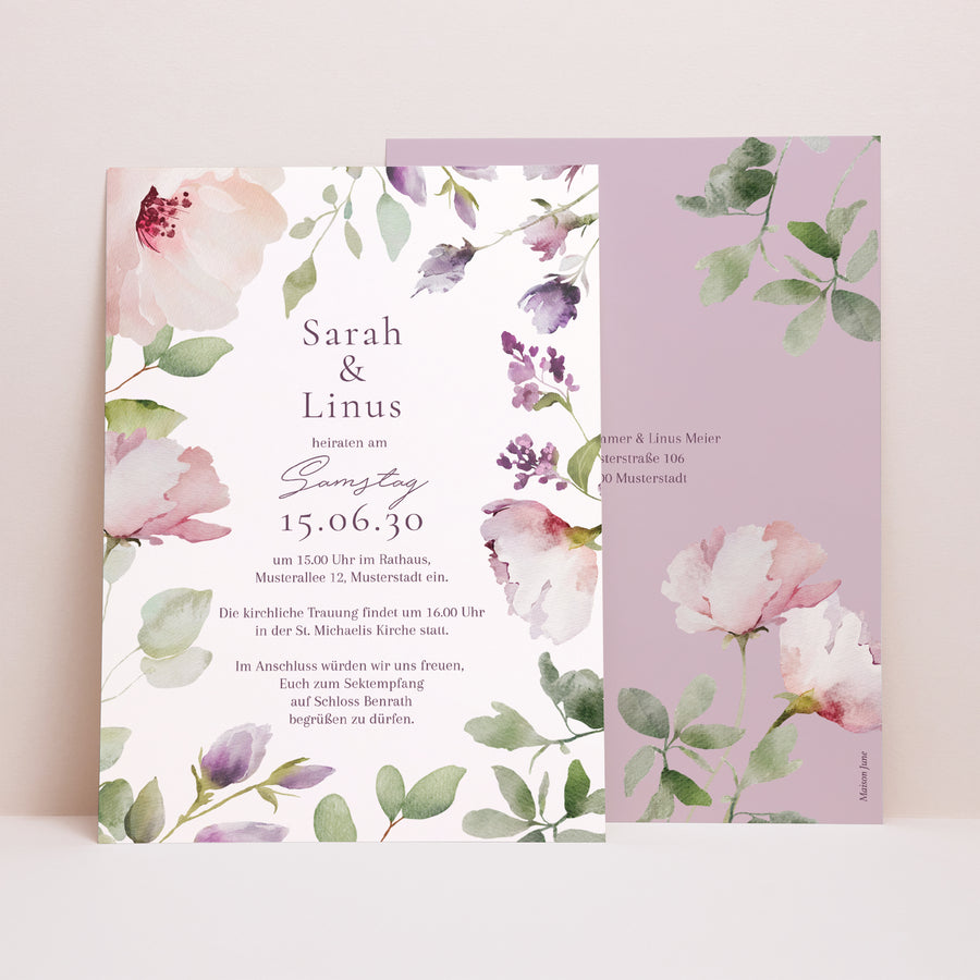 Hochzeitseinladung Porträt Romantic purple flowers foto