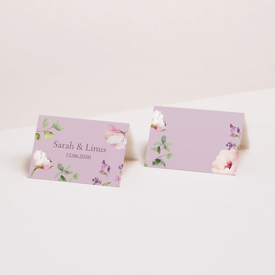 Tischkarten Hochzeit Quer Romantic purple flowers foto