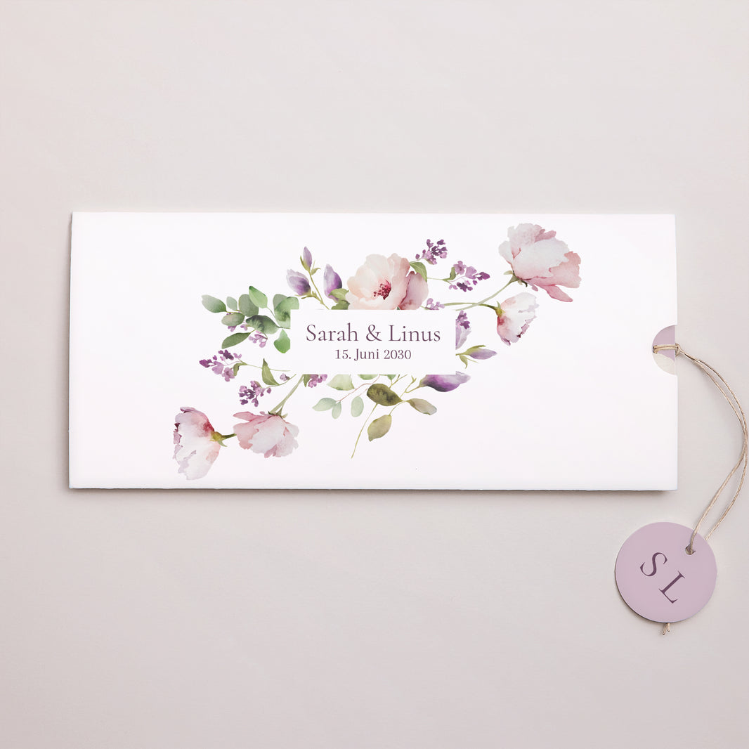 Einladungskarte Hochzeit Mappe 2 Karten, Etikett Romantic purple flowers foto