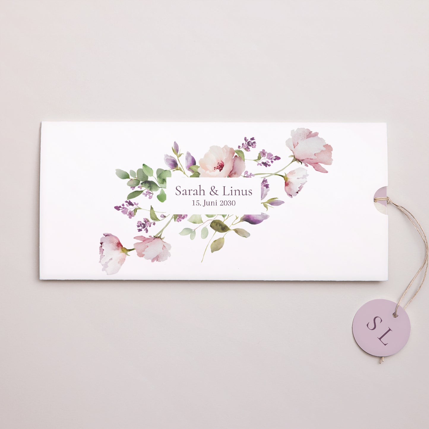 Einladungskarte Hochzeit Mappe 2 Karten, Etikett Romantic purple flowers foto N° 1