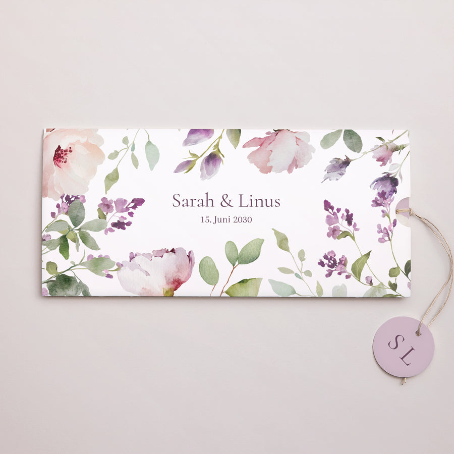 Hochzeitseinladung Mappe 2 Karten, Etikett Romantic purple flowers foto
