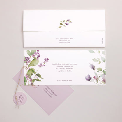 Einladungskarte Hochzeit Mappe 2 Karten, Etikett Romantic purple flowers foto N° 4