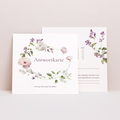 Antwortkarte Hochzeit Quadrat Romantic purple flowers foto N° 1