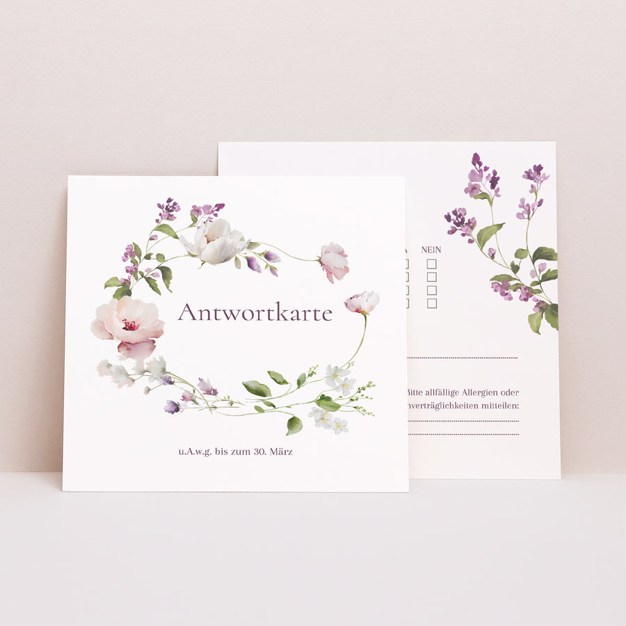 Antwortkarte Hochzeit Quadrat Romantic purple flowers foto
