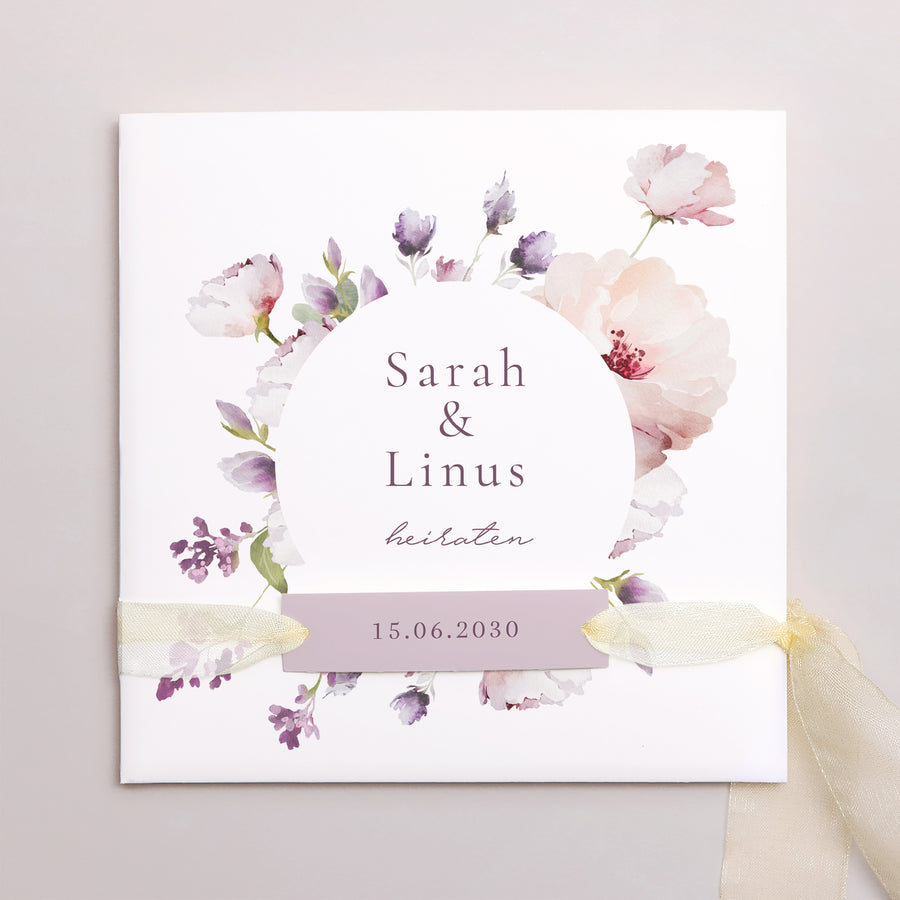 Hochzeitseinladung Quadratische Hülle, 3 Karten, Etikett Romantic purple flowers foto