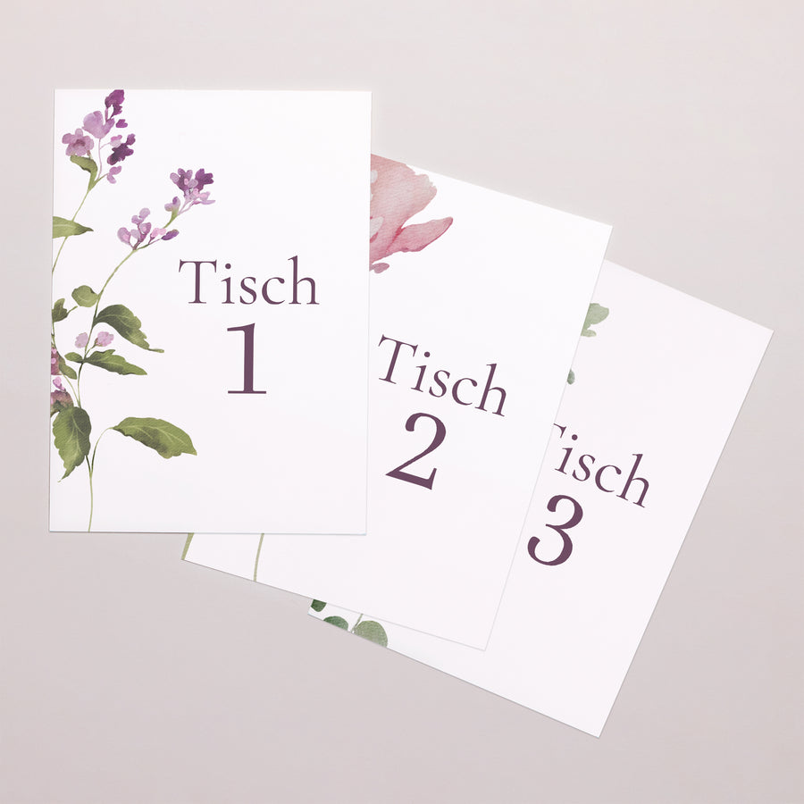 Tischnummern Hochzeit Rechteck Romantic purple flowers foto