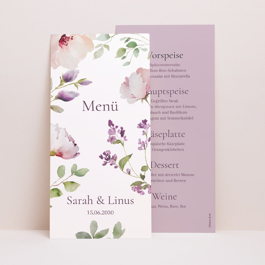 Menükarte Hochzeit Panoramatisches Porträt Romantic purple flowers foto