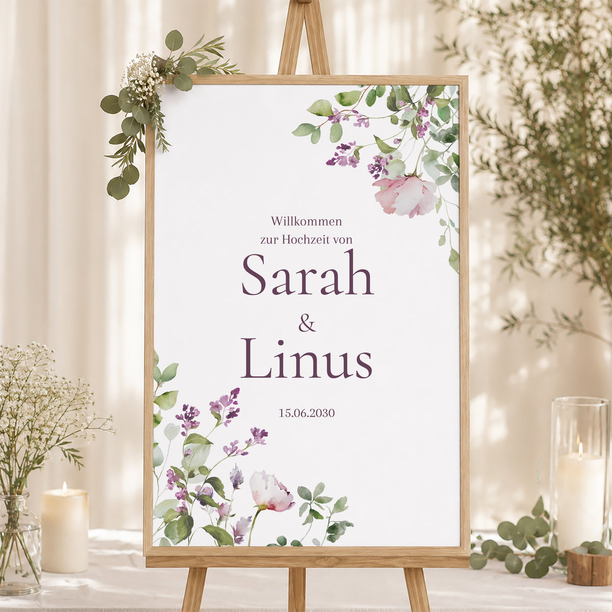 Begrüßungstafel Hochzeit Porträt 60 x 90 cm Romantic purple flowers foto N° 1