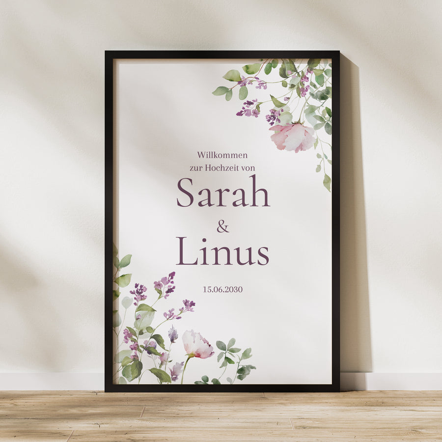 Begrüßungstafel Hochzeit Porträt 60 x 90 cm Romantic purple flowers foto