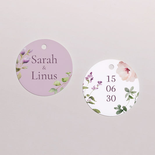 Vorgelochtes Etikett Hochzeit Runde Romantic purple flowers foto