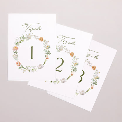 Tischnummern Hochzeit Rechteck Romantischer Blumenkranz foto N° 1