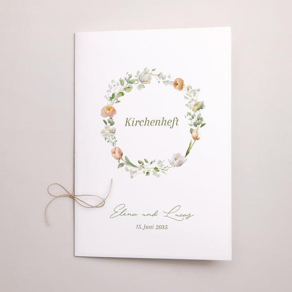 Kirchenheft Hochzeit Doppelflügel Romantischer Blumenkranz foto
