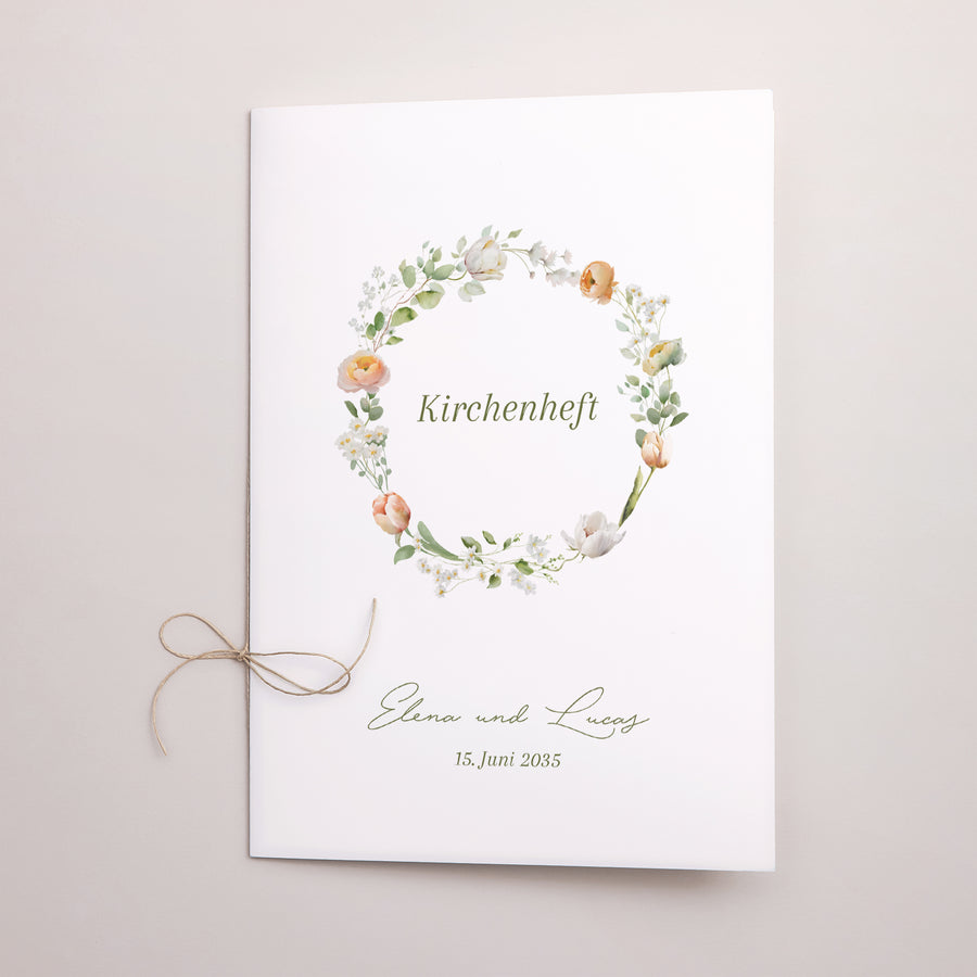 Kirchenheft Hochzeit Doppelflügel Romantischer Blumenkranz foto