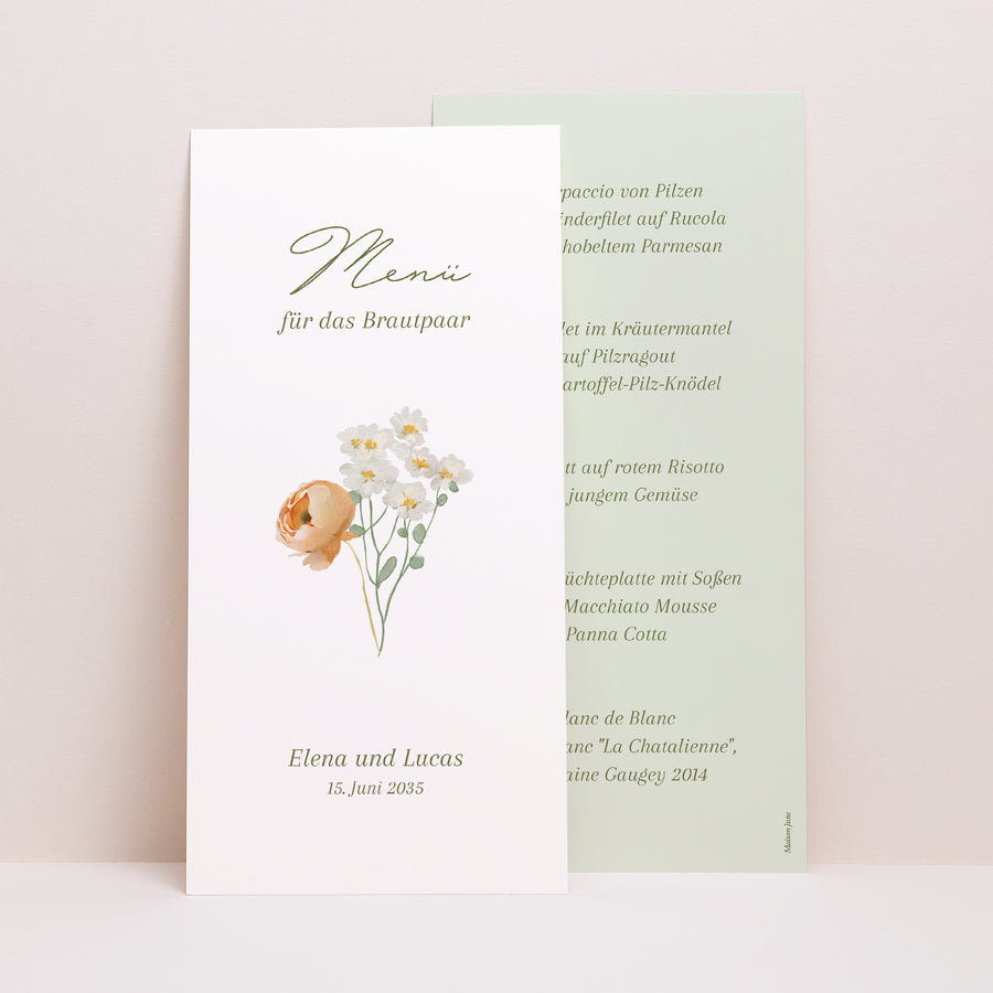 Menükarte Hochzeit Panoramatisches Porträt Romantischer Blumenkranz foto