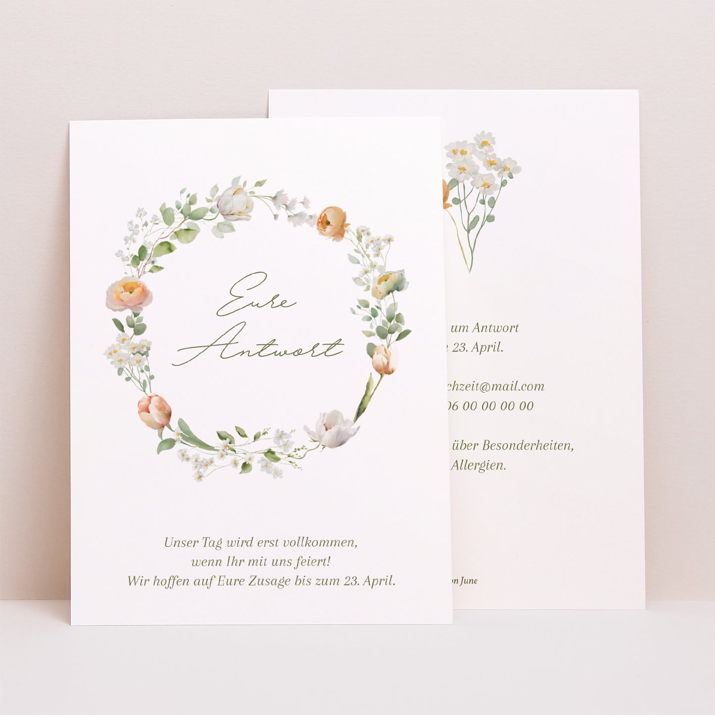 Antwortkarte Hochzeit Porträt Romantischer Blumenkranz foto N° 1
