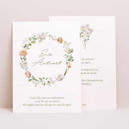 Antwortkarte Hochzeit Porträt Romantischer Blumenkranz foto N° 1