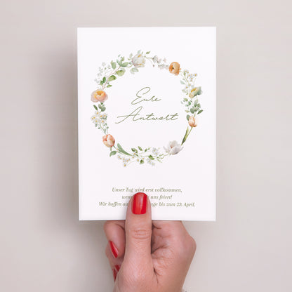 Antwortkarte Hochzeit Porträt Romantischer Blumenkranz foto N° 2