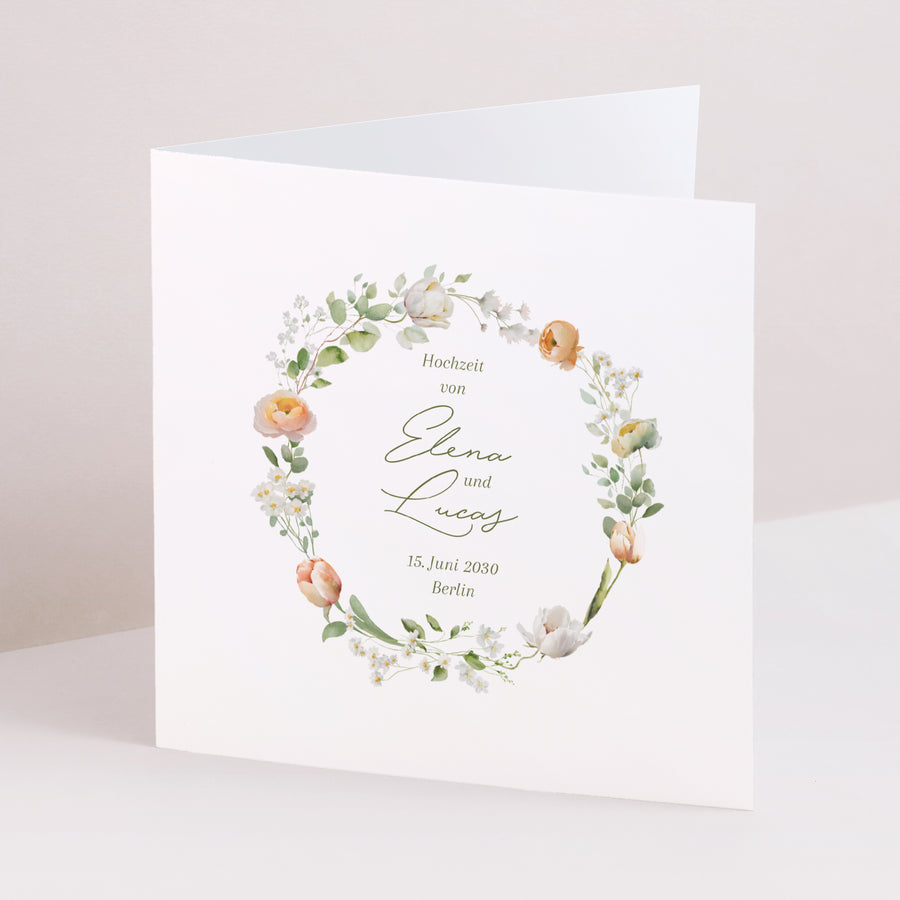 Hochzeitseinladung Doppelflügelfenster Romantischer Blumenkranz foto