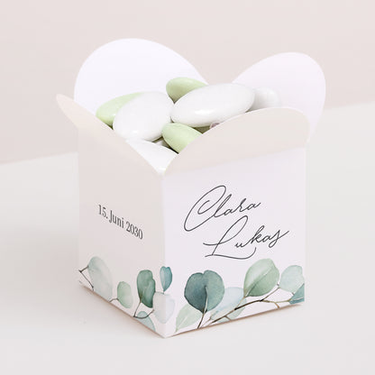 Geschenkbox Hochzeit Schmetterlingsöffnung Eukalyptusblätter foto N° 1