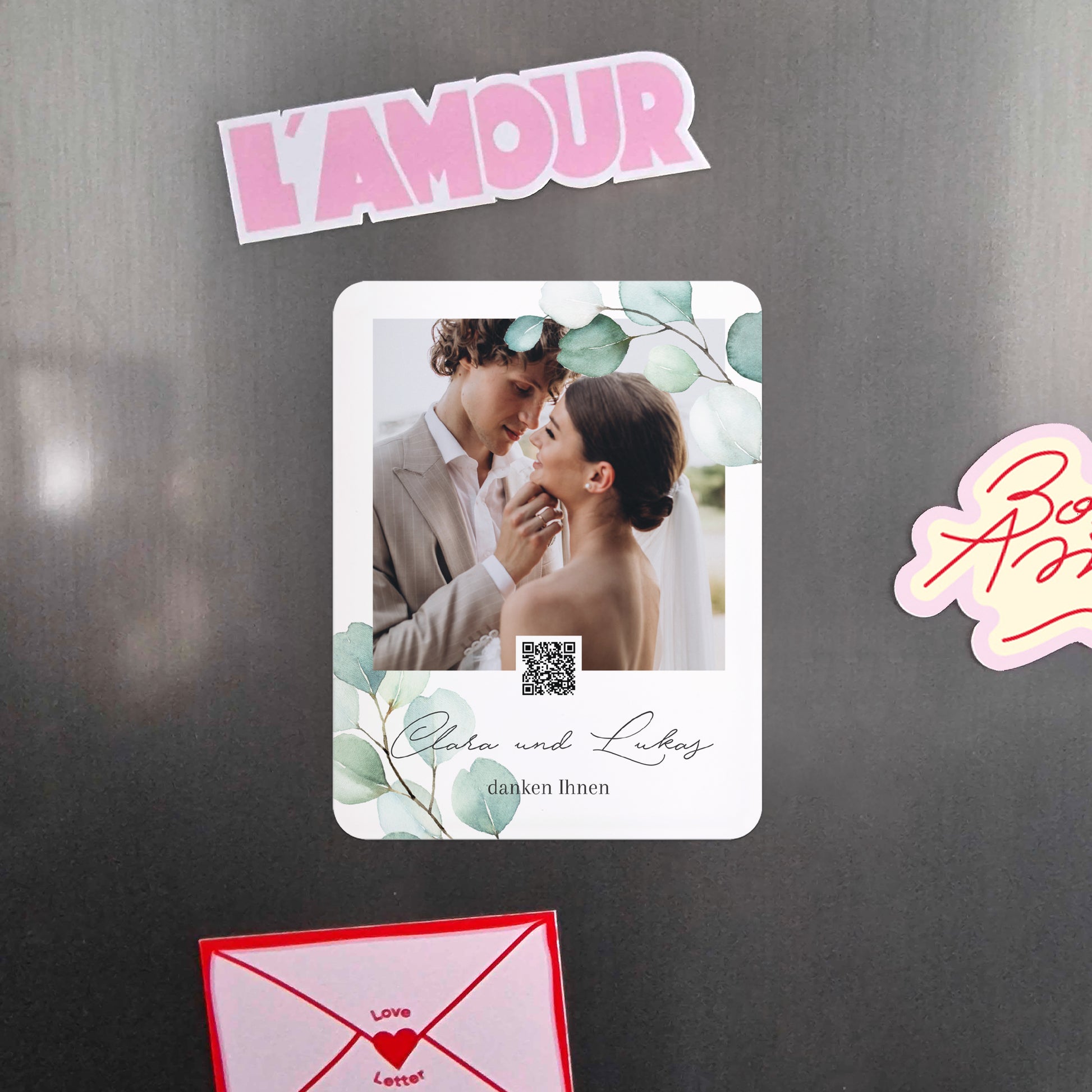 Dankeskarte Hochzeit Set von 8, magnetisch, rechteckig mit abgerundeten Ecken Eukalyptusblätter foto N° 4