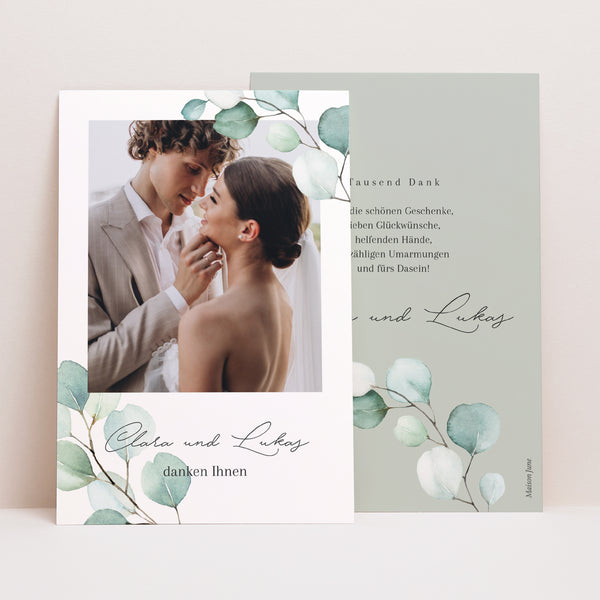 Dankeskarte Hochzeit PortraitPorträt Eukalyptusblätter foto