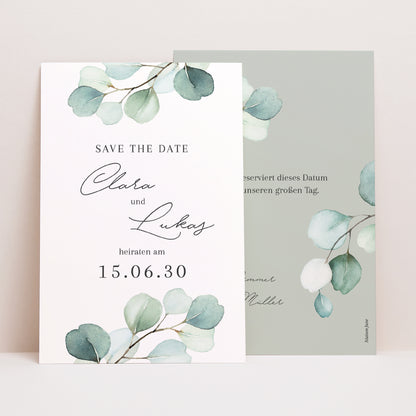 Save the date Karte Hochzeit PortraitPorträt Eukalyptusblätter foto N° 1