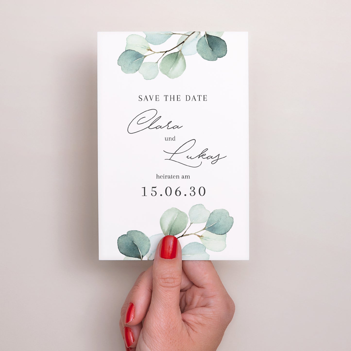 Save the date Karte Hochzeit PortraitPorträt Eukalyptusblätter foto N° 2