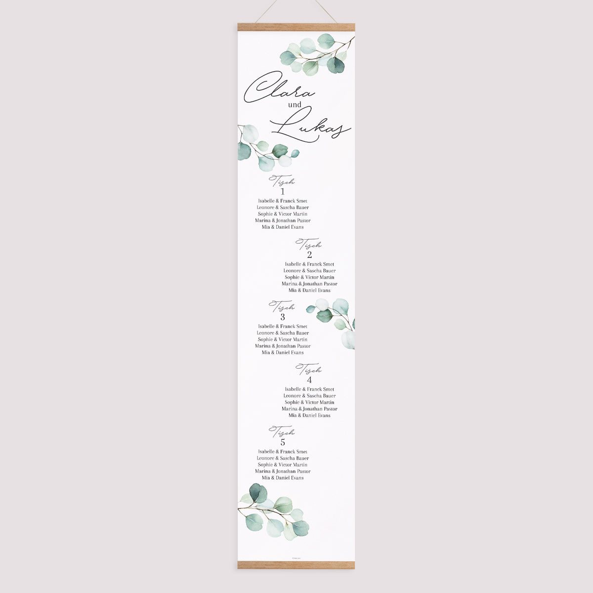 Sitzplan Hochzeit Holzstütze Eukalyptusblätter foto N° 1