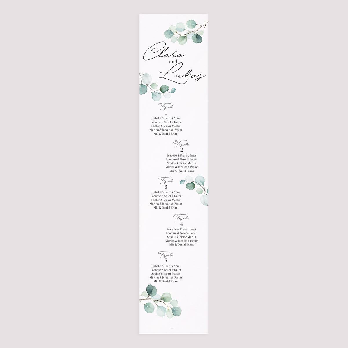 Sitzplan Hochzeit Holzstütze Eukalyptusblätter foto N° 3
