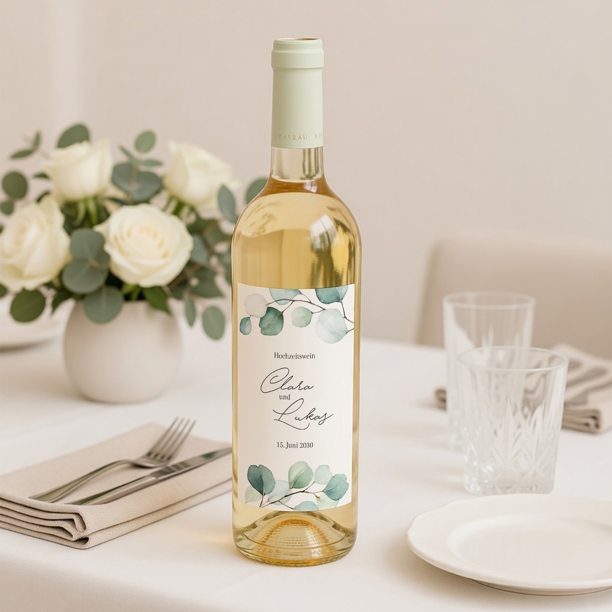 Flaschenetikett Hochzeit Porträt Eukalyptusblätter foto N° 2