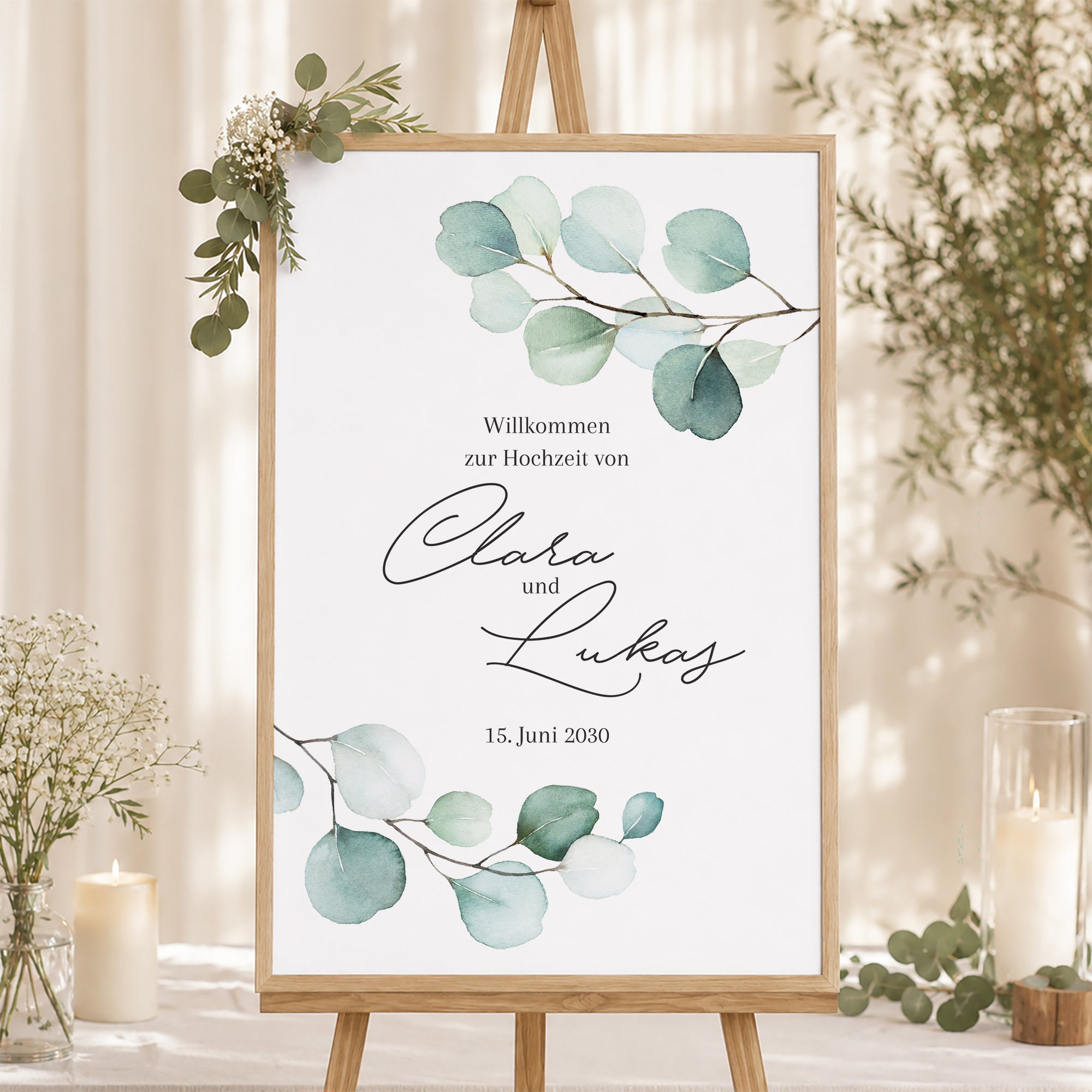 Begrüßungstafel Hochzeit Porträt 60 x 90 cm Eukalyptusblätter foto N° 1