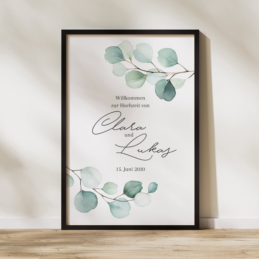 Begrüßungstafel Hochzeit Porträt 60 x 90 cm Eukalyptusblätter foto