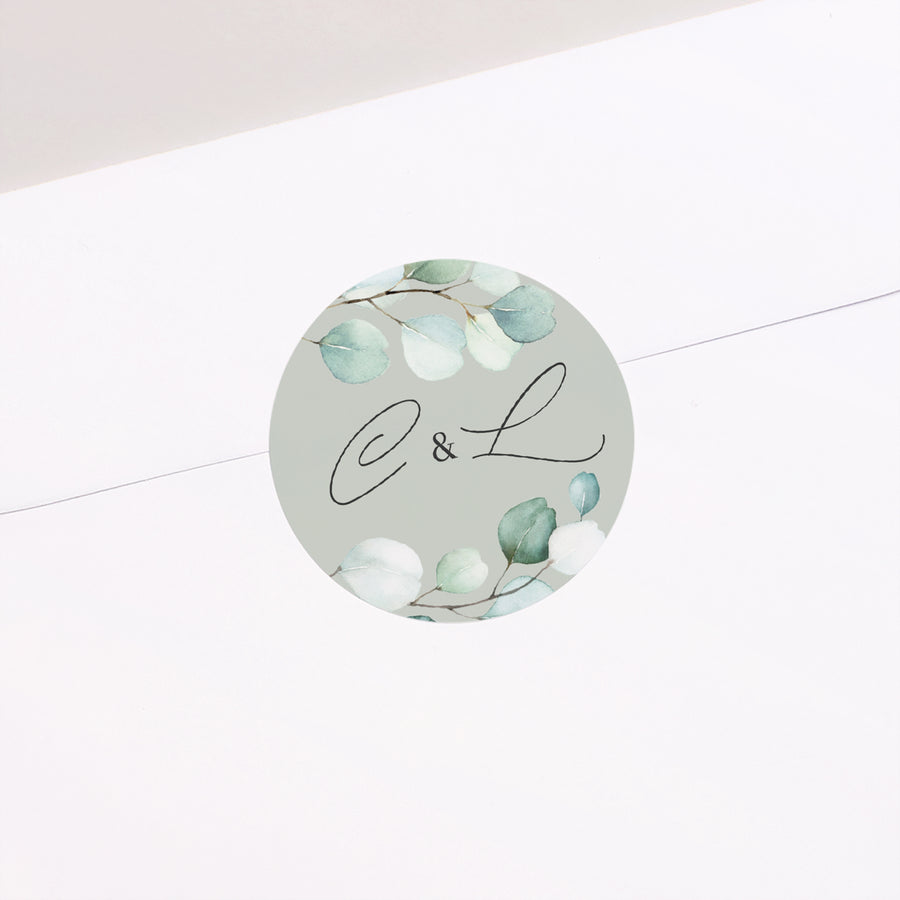 Sticker Hochzeit Rund Eukalyptusblätter foto
