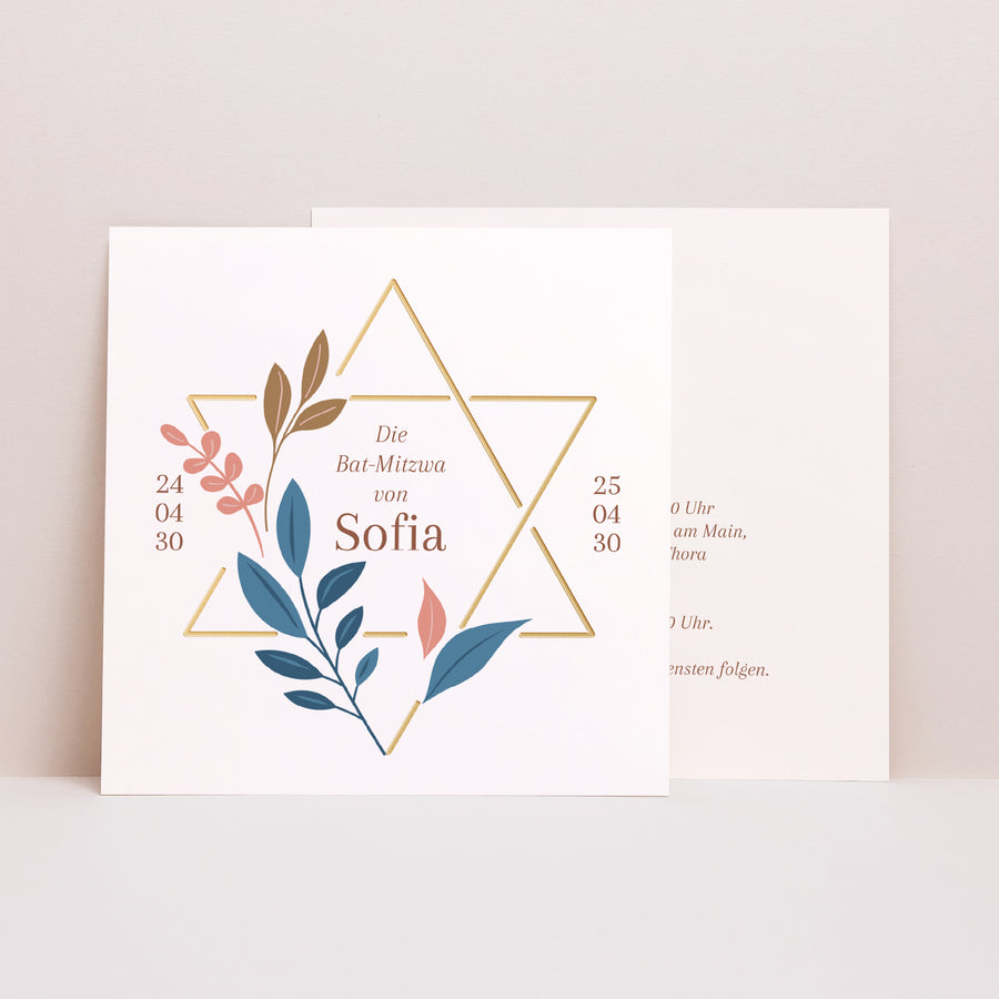 Einladungskarte Bat Mitzvah Einfaches Quadrat Bat Mitzvah Blumen foto