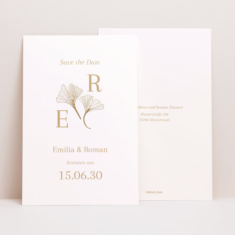 Save the date Karte Hochzeit PortraitPorträt Ginkgo biloba golden foto