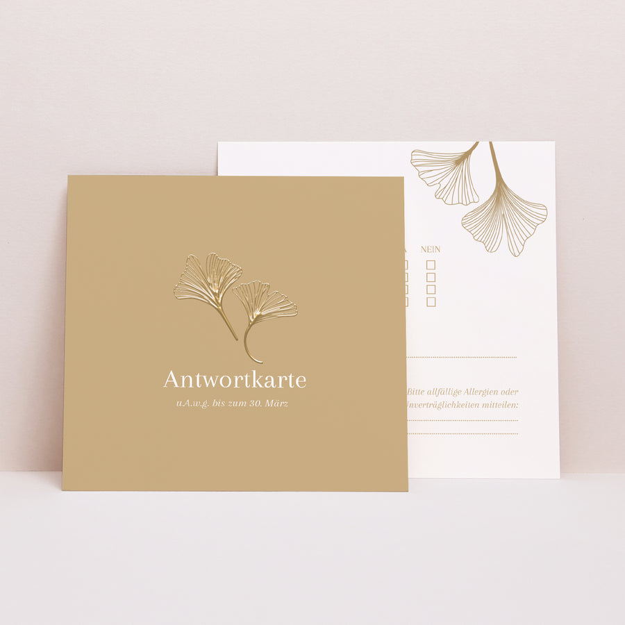 Antwortkarte Hochzeit Quadrat Ginkgo biloba golden foto