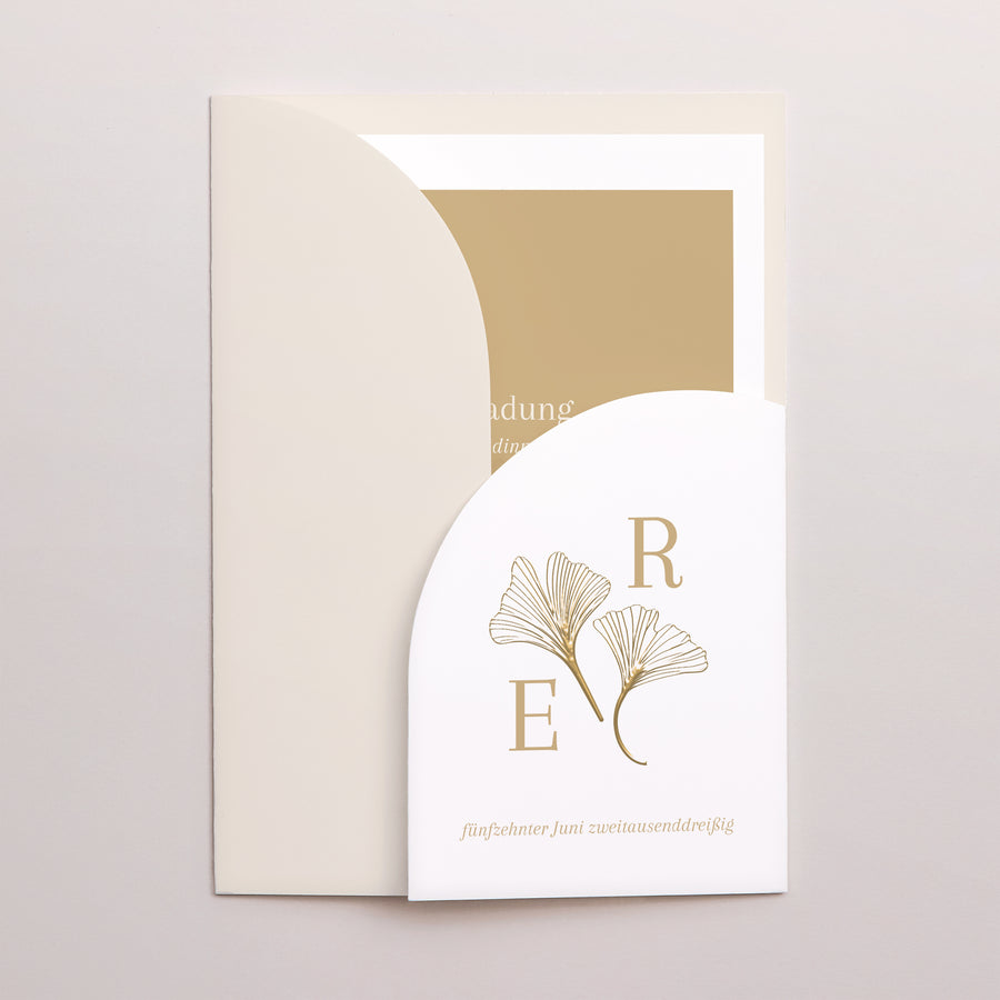 Hochzeitseinladung Hülle für 2 Karten Ginkgo biloba golden foto