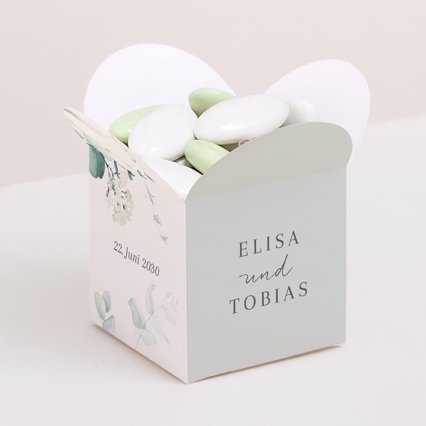 Geschenkbox Hochzeit Schmetterlingsöffnung Eukalyptus Aquarell foto N° 1