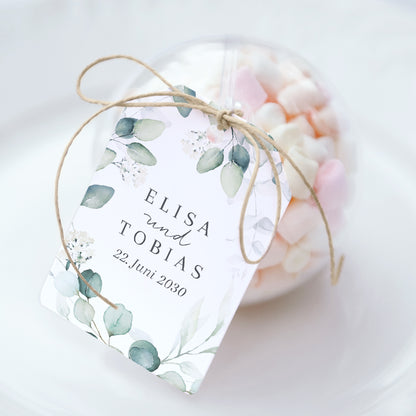 Geschenkbox Hochzeit Ball mit Wimpel-Etikett Eukalyptus Aquarell foto N° 1