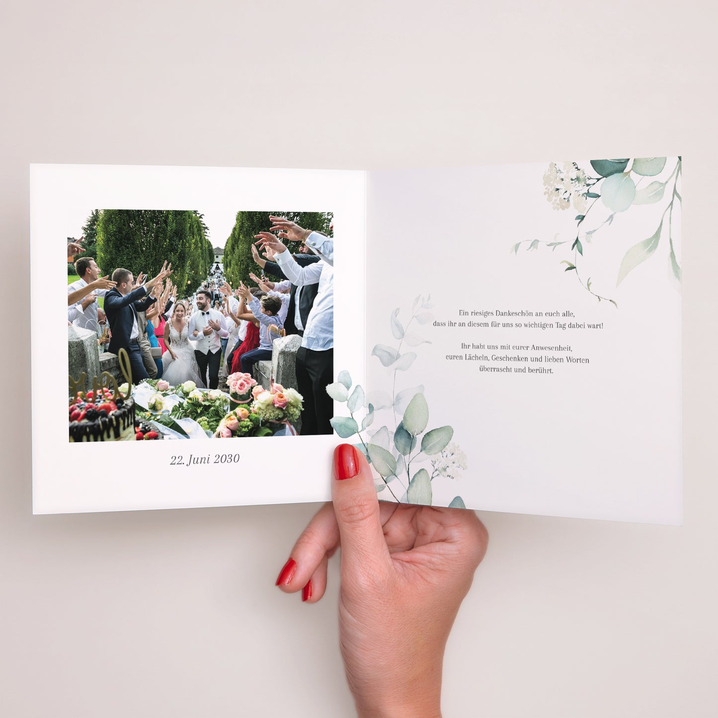 Dankeskarte Hochzeit Doppelflügelfenster Eukalyptus Aquarell foto N° 2