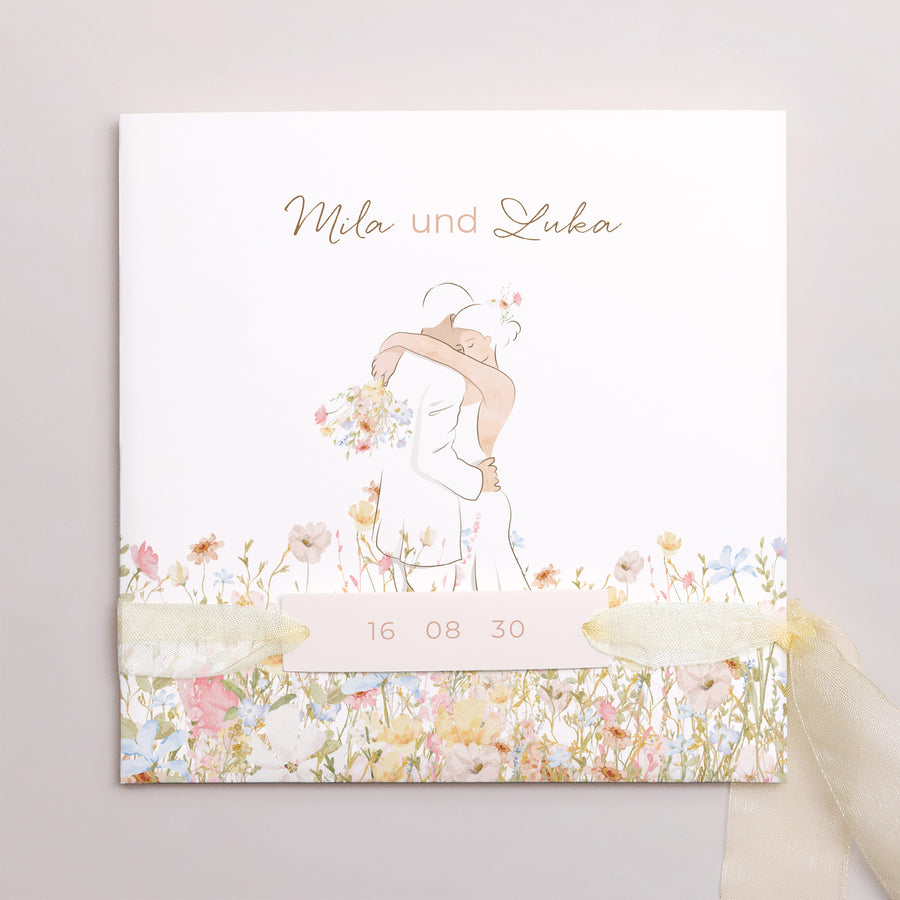 Hochzeitseinladung Quadratische Hülle, 3 Karten, Etikett Liebeselend foto